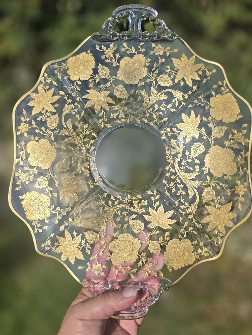 Vintage 1930s Cambridge Glass Wildflower Gold Encrusted 2-Handled Platter